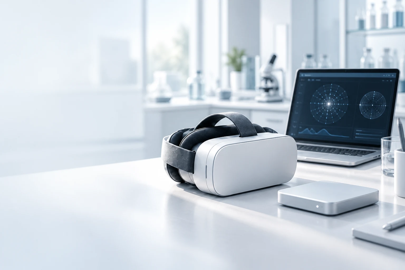 Визуальная концепция SINAKA: VR-гарнитура, компактный модуль регистрации и ноутбук